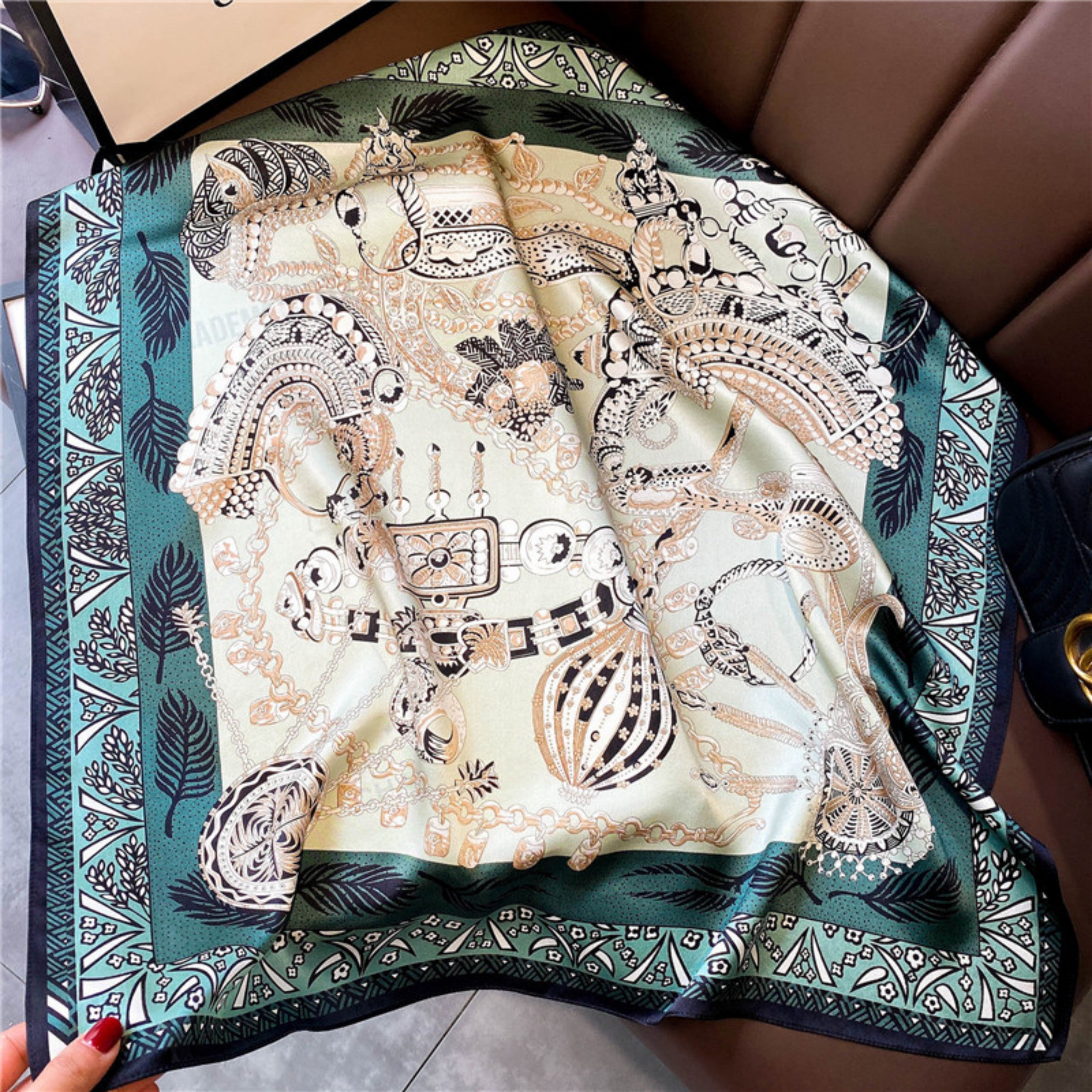 Modern Dark Green Silk Scarf – Simple Print | 100% Mulberry Silk Twill 65CM | Stylish Gift for Her