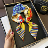 Colorful Cartoon Bengal Cat Silk Scarf – 100% Mulberry Silk Twill 65CM | Luxury Silk Shawl | Gift for Her