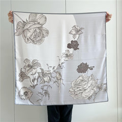 Grey Bloom – 100% Silk Crepe de Chine Scarf 90cm