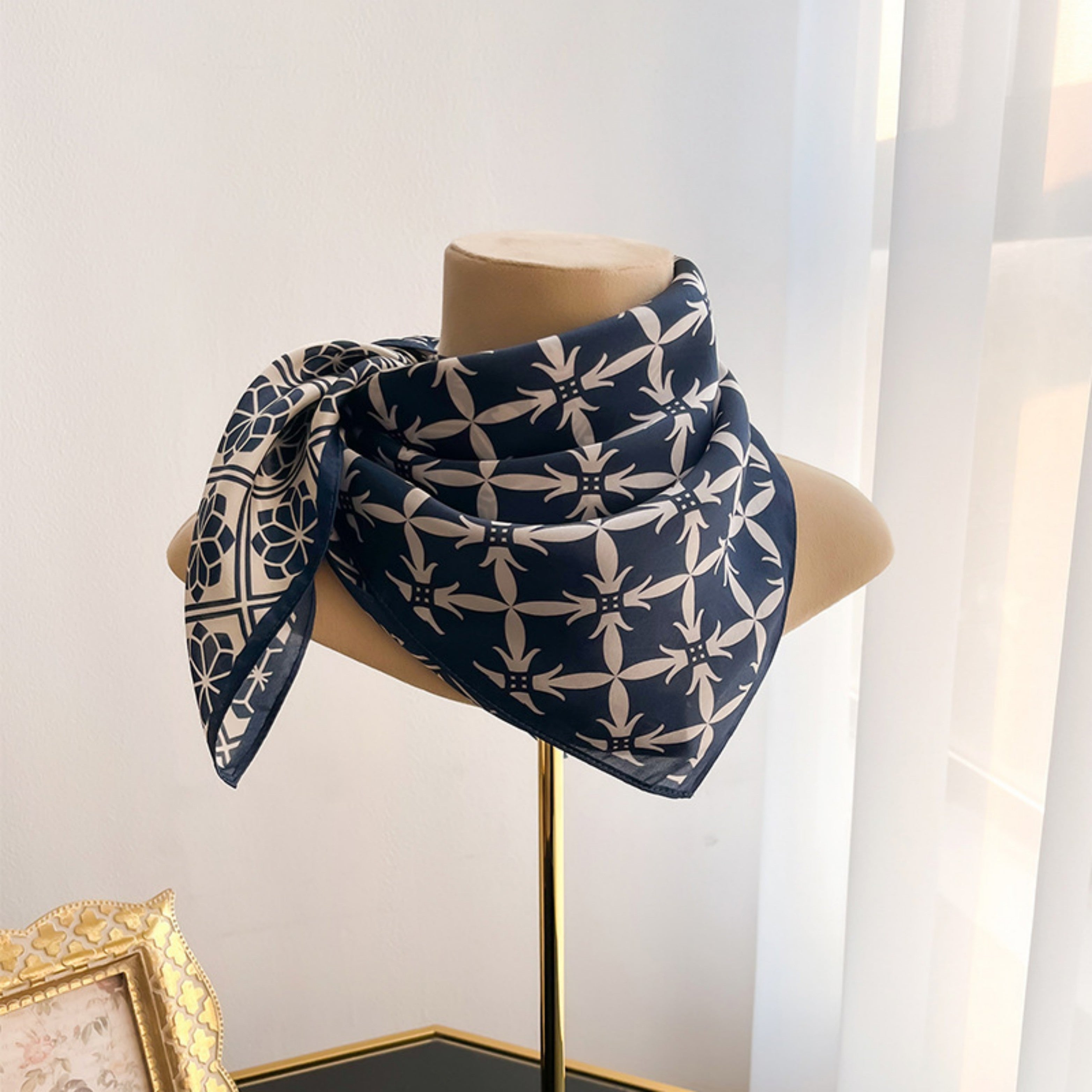 Navy Checkerboard Silk Scarf – 100% Mulberry Silk Twill 65CM | Elegant Square Scarf | Gift for Mom