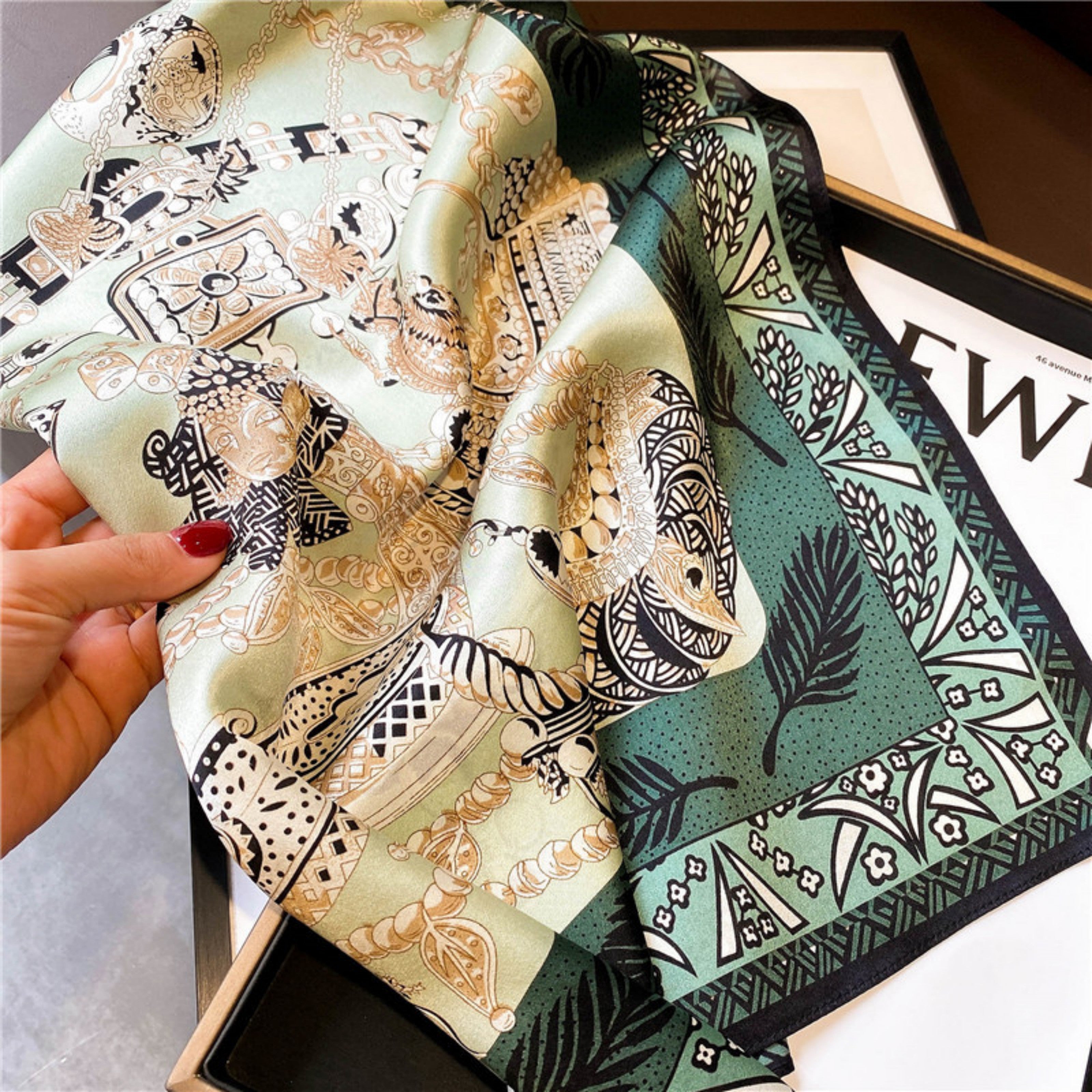 Modern Dark Green Silk Scarf – Simple Print | 100% Mulberry Silk Twill 65CM | Stylish Gift for Her
