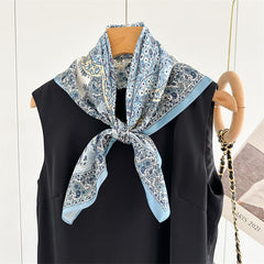 New Arrival: Light Blue 100% Mulberry Silk Square Scarf with Happiness Tree Pattern - 65CM Elegant Shawl, Perfect Gift for Her
