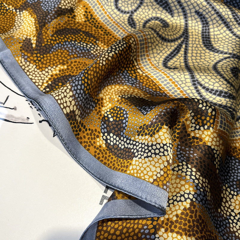 Golden Dot Stone Wall Texture Silk Scarf – 100% Mulberry Silk Twill 65CM | Elegant Square Scarf for Women