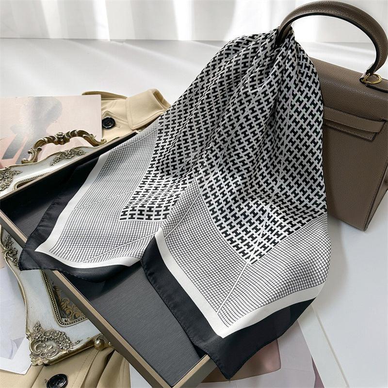 オレンジチェック柄 70cm 正方形スカーフ、シルクテクスチャースカーフ、日焼け止めシルクスカーフ、ネックスカーフ、サテンショール、ギフト