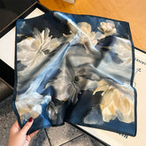 New 100% Mulberry Silk Scarf for Women - Blue Square Scarf, Korean Style Neck Scarf for Spring, Autumn, and Winter