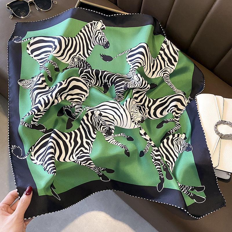 Green/White Zebra Pattern Luxurious 65cm Mulberry Silk Square Scarf/Hand-Rolled Hem/Small Neck Scarf/Gift For Her
