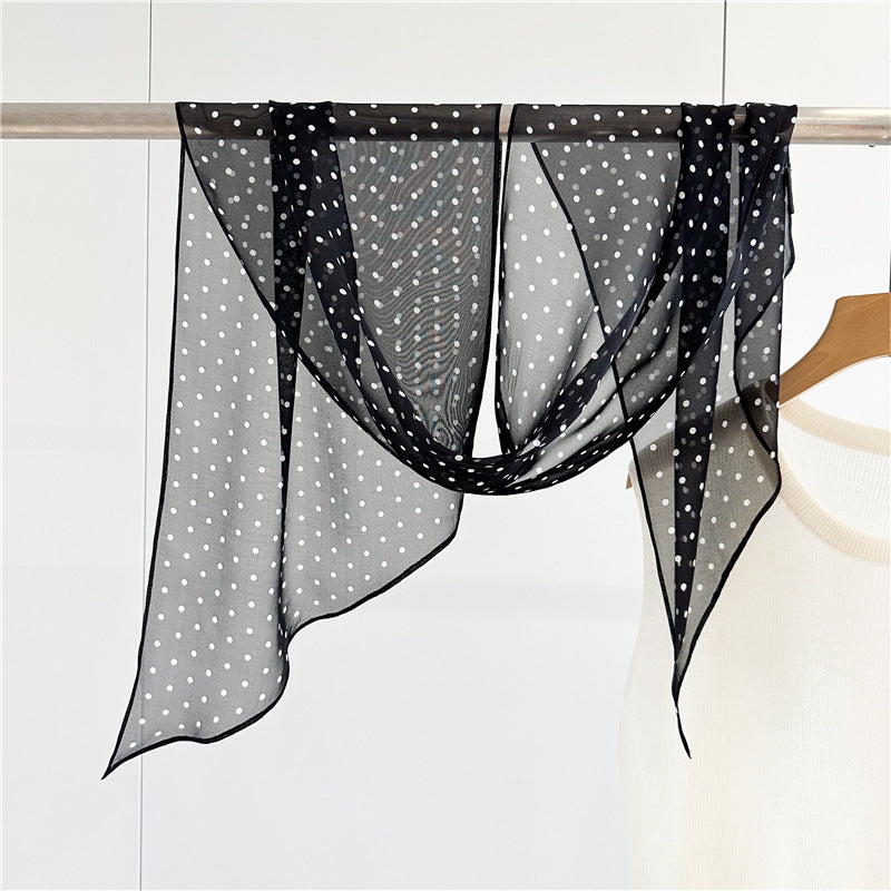 French Minimalist 100% Silk Chiffon Scarf | Vintage Polka Dot Elegant Long Scarf for Women, 30x160cm
