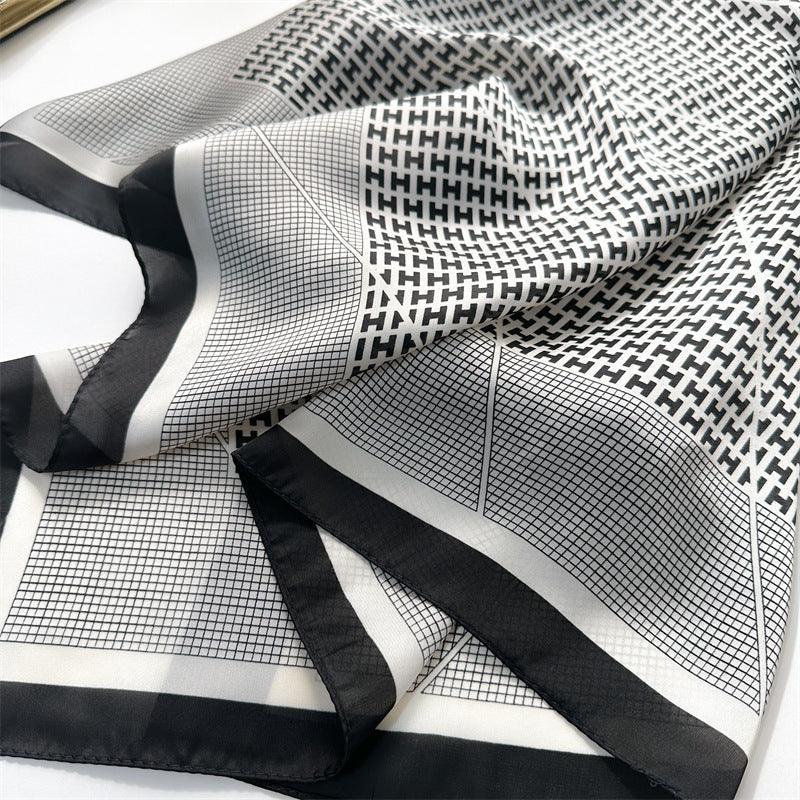 オレンジチェック柄 70cm 正方形スカーフ、シルクテクスチャースカーフ、日焼け止めシルクスカーフ、ネックスカーフ、サテンショール、ギフト