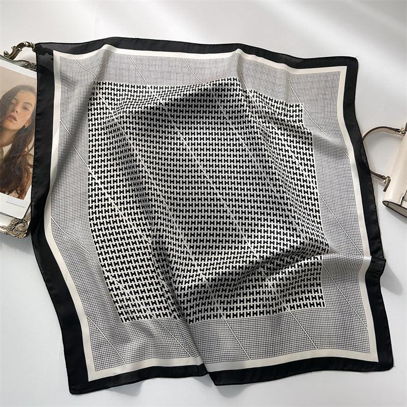 オレンジチェック柄 70cm 正方形スカーフ、シルクテクスチャースカーフ、日焼け止めシルクスカーフ、ネックスカーフ、サテンショール、ギフト