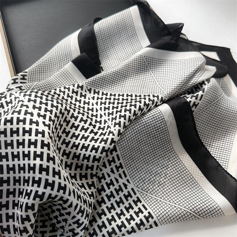 オレンジチェック柄 70cm 正方形スカーフ、シルクテクスチャースカーフ、日焼け止めシルクスカーフ、ネックスカーフ、サテンショール、ギフト