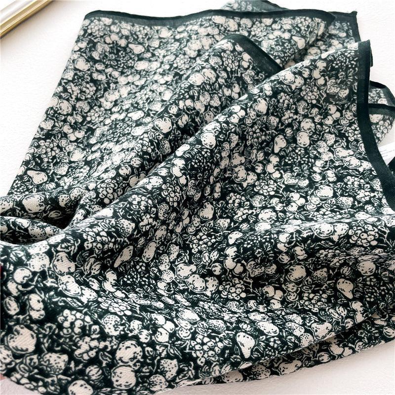 ダークグリーン花柄スクエアスカーフ/ヘリンボーン織りスクエアスカーフ/レディースネックスカーフ/コットンリネンハンドフィーリングスカーフ/彼女へのギフト