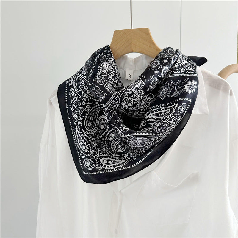 Vintage Black and White Paisley 100% Mulberry Silk Scarf - 65CM Square Shawl, Elegant Gift for Her