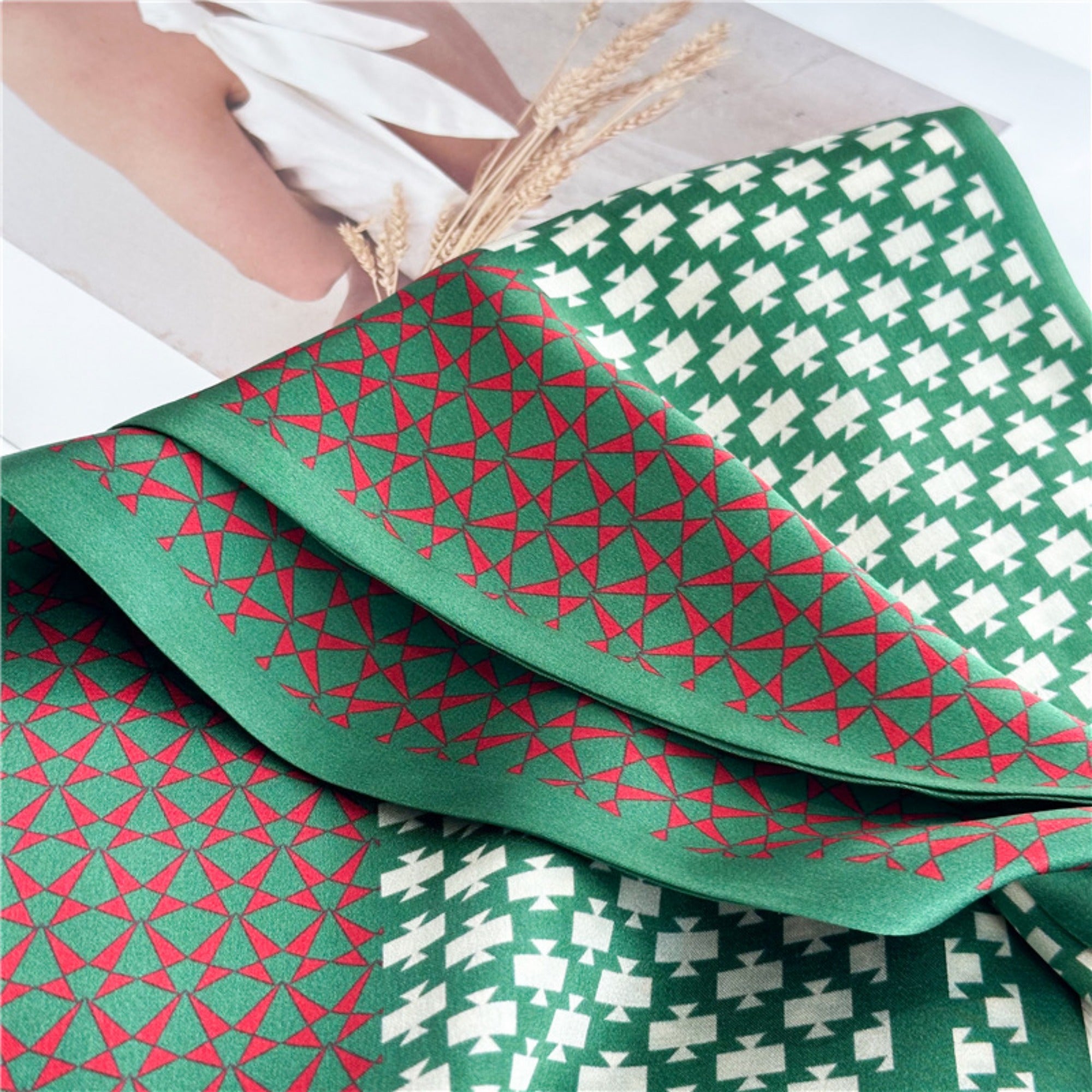 Vintage Geometric Green Mulberry Silk Scarf | Double-Sided Elegant Long Ribbon