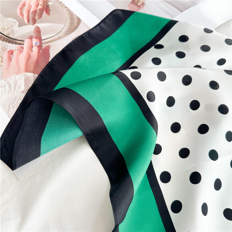 New Arrival: Green Border Polka Dot 100% Mulberry Silk Scarf - 65CM Square Shawl, Elegant Gift for Her
