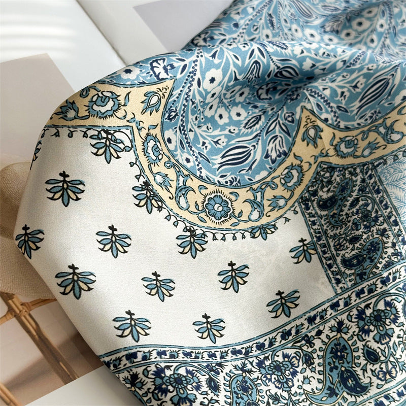 New Arrival: Light Blue 100% Mulberry Silk Square Scarf with Happiness Tree Pattern - 65CM Elegant Shawl, Perfect Gift for Her