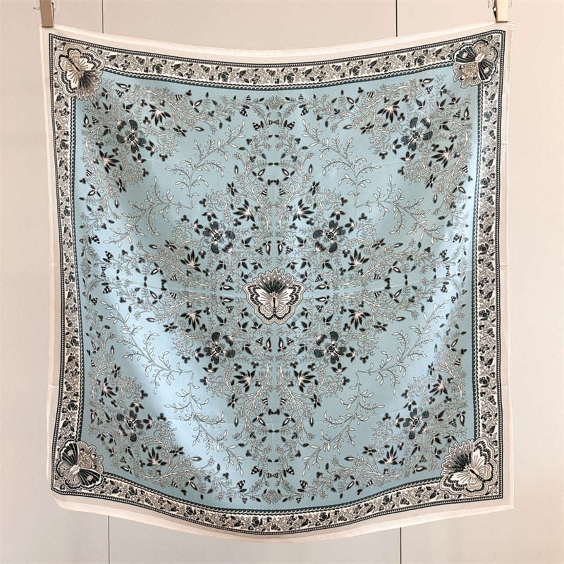 Classic Botanical Medallion Silk Scarf 90cm – Hand-Rolled Edge Square Scarf