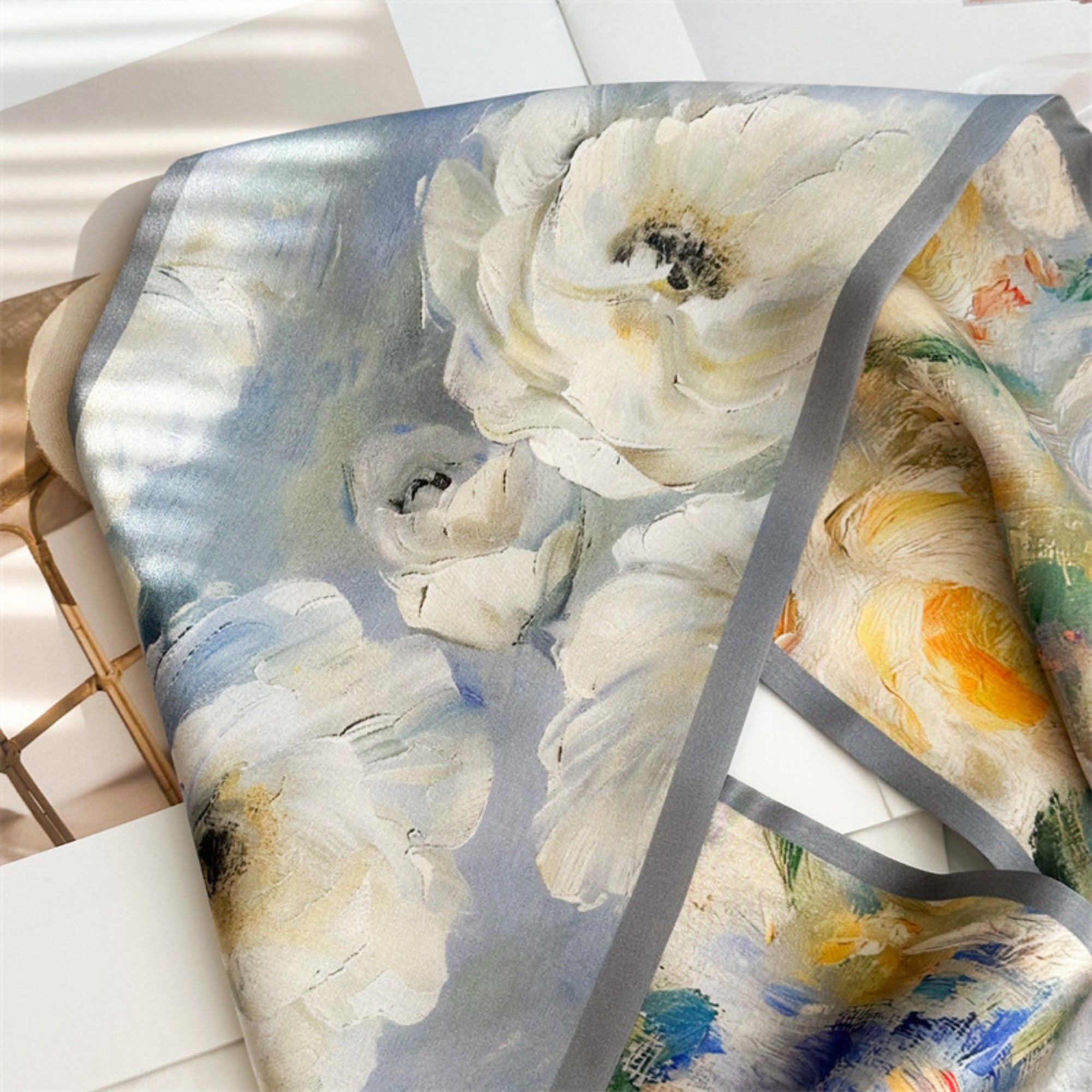 Luxury Oil Painting Rose Silk Scarf | Artistic Vintage Mulberry Silk Ribbon