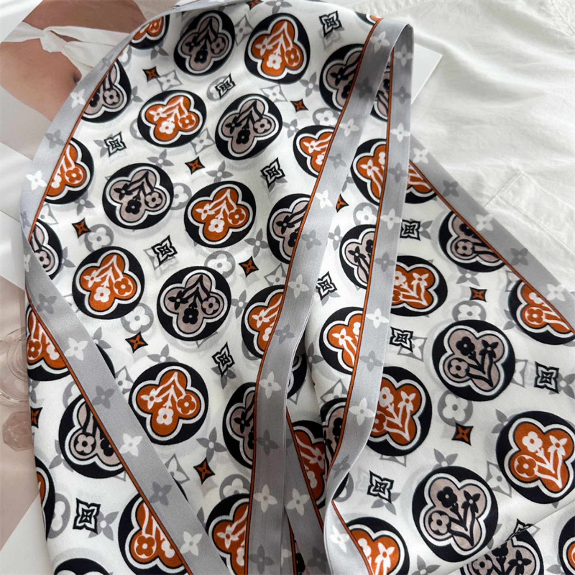 Blue Four-Leaf Clover Mulberry Silk Scarf | Lucky Charm Double-Sided Long Ribbon