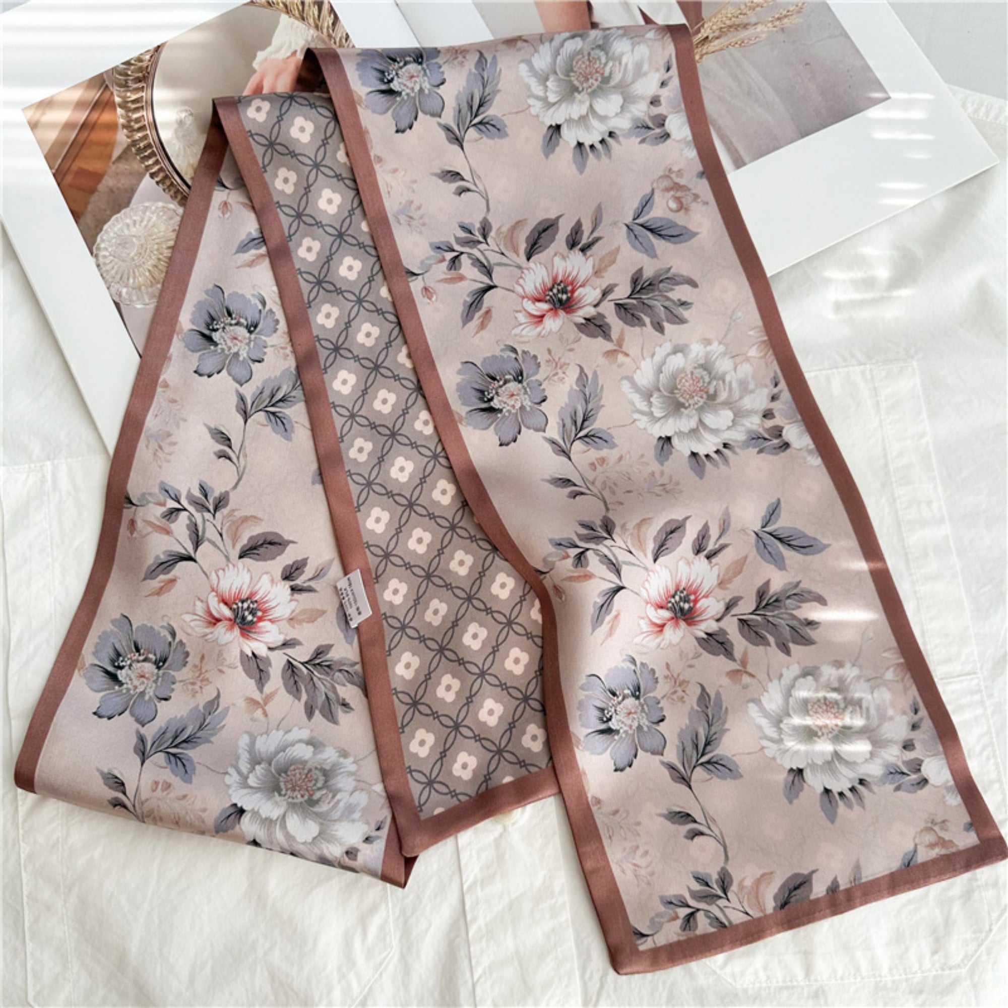 Soft Pink Floral Mulberry Silk Scarf | Romantic Tiny Blossom Long Ribbon