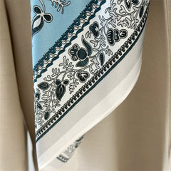 Classic Botanical Medallion Silk Scarf 90cm – Hand-Rolled Edge Square Scarf
