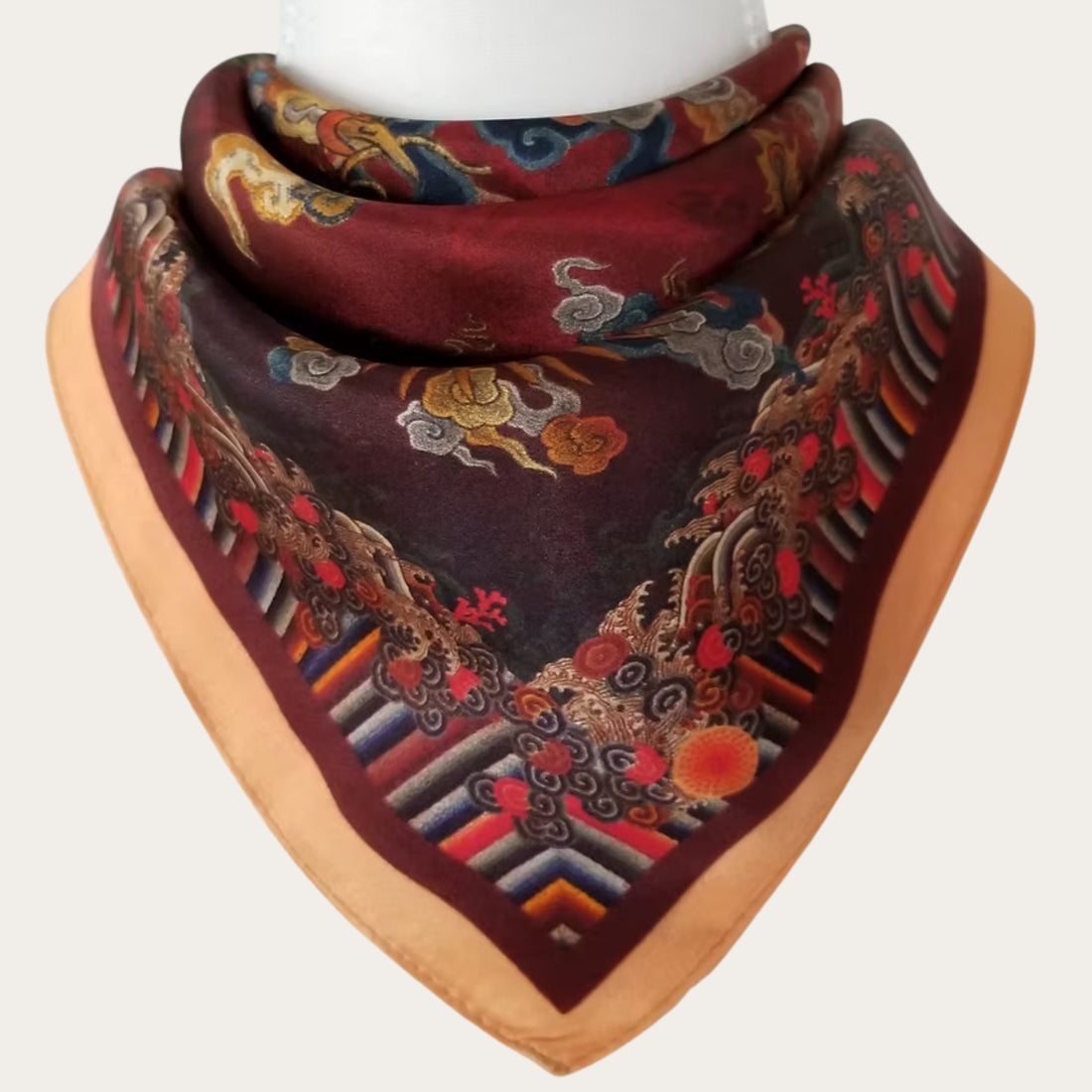 53cm Mulberry Silk Scarf – Dragon & Phoenix Oriental Motif Small Square Silk Bandana