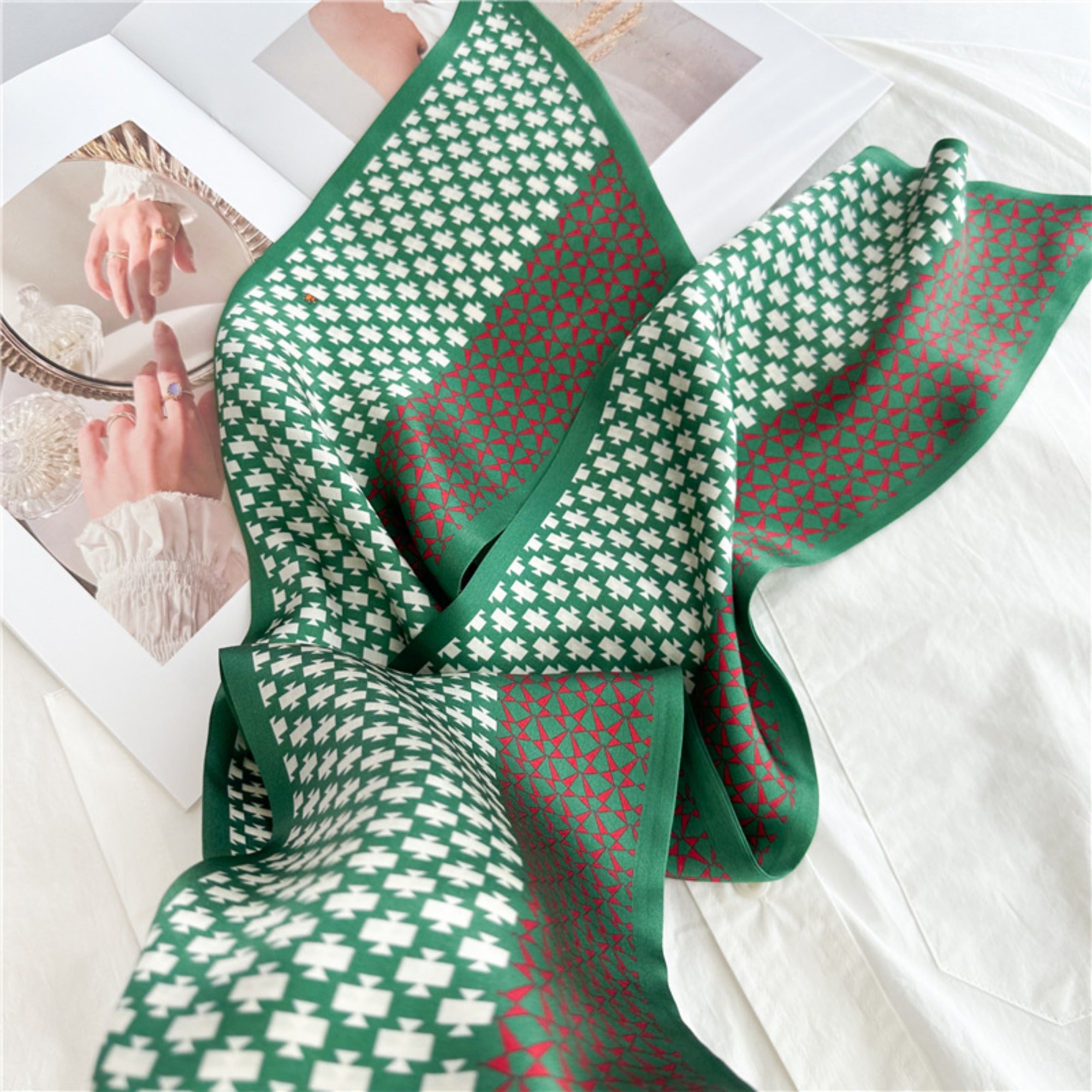 Vintage Geometric Green Mulberry Silk Scarf | Double-Sided Elegant Long Ribbon