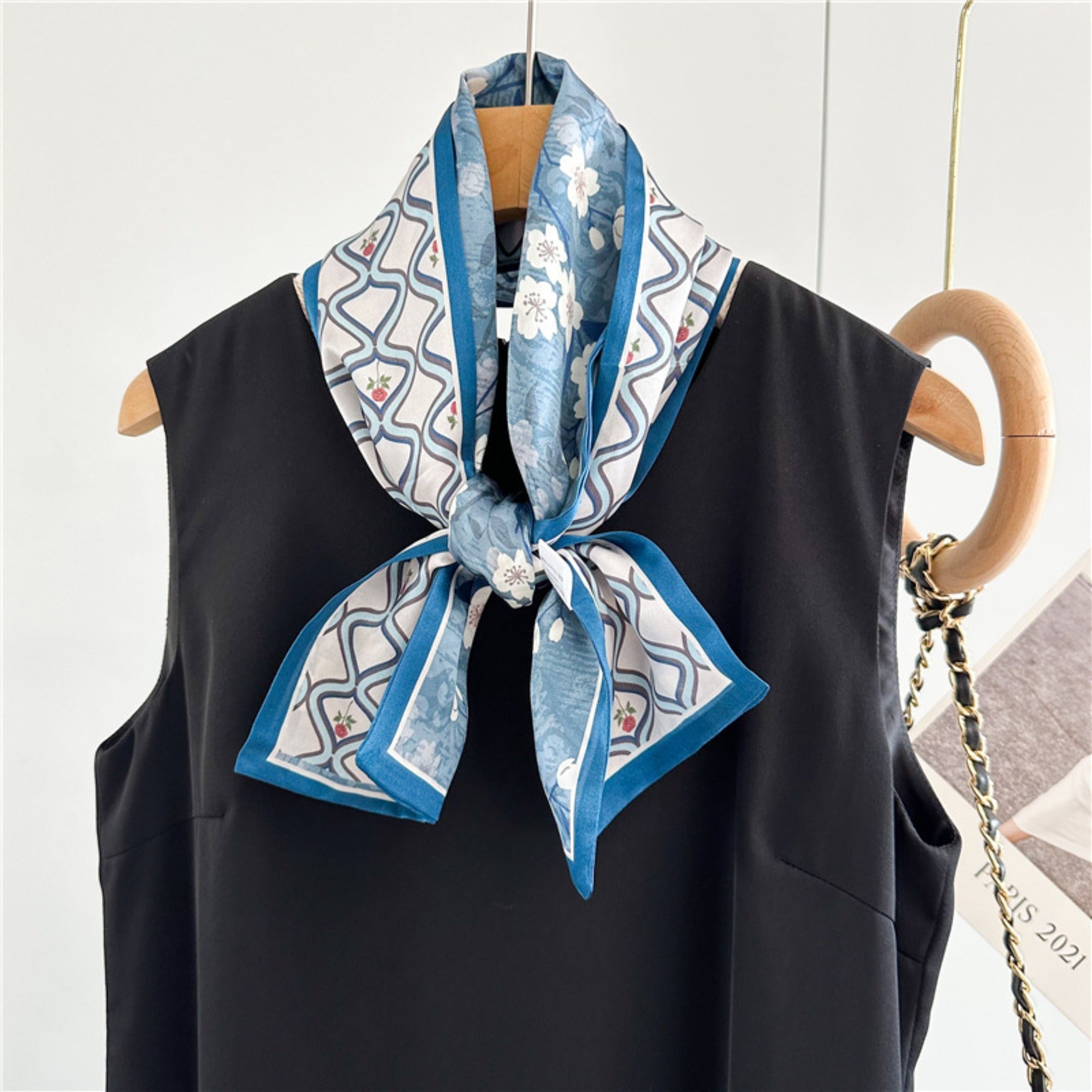 Elegant Blue Floral Plaid Silk Scarf | Graceful Checkered Mulberry Silk Ribbon