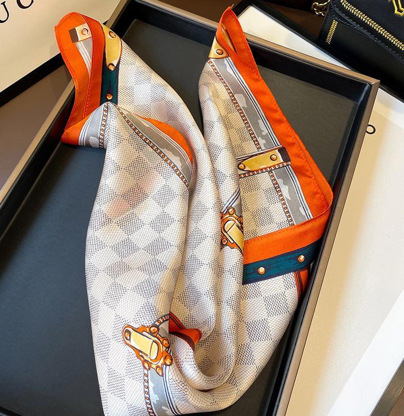 Orange Plaid Print 100% mulberry Silk Scarf/Silk head scarf/Silk hair scarf/Silk neck scarf/Mother&