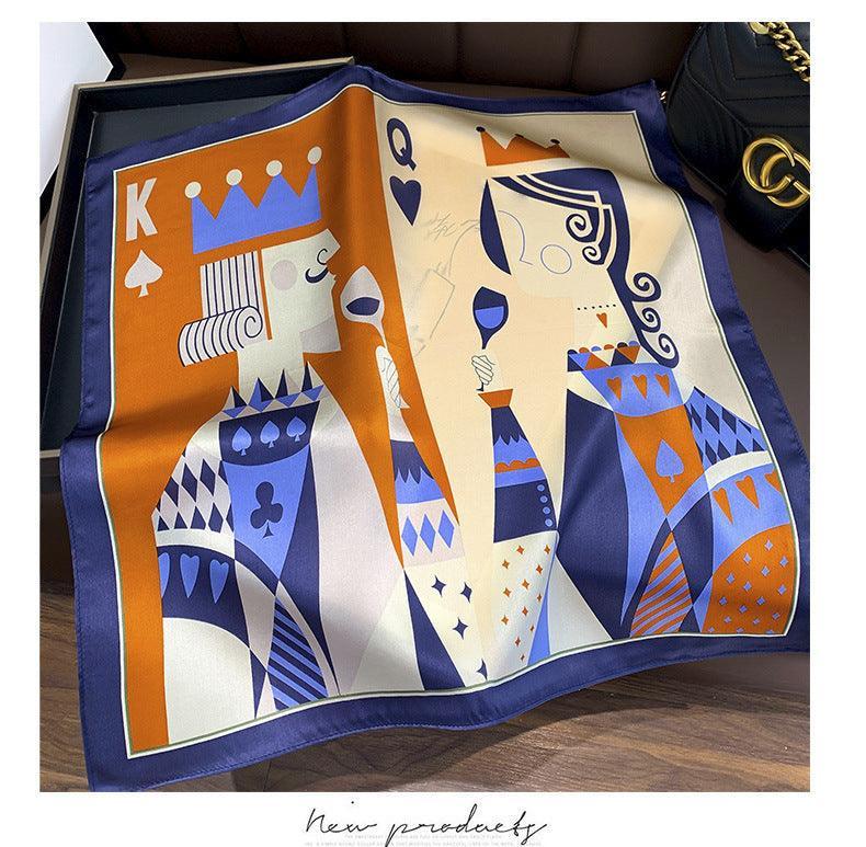 新しいインスタイルのトランププリントシルクスカーフ/100% マルベリーシルクスカーフ/カラーブロックパターンの小さな正方形のスカーフ/彼女へのギフト