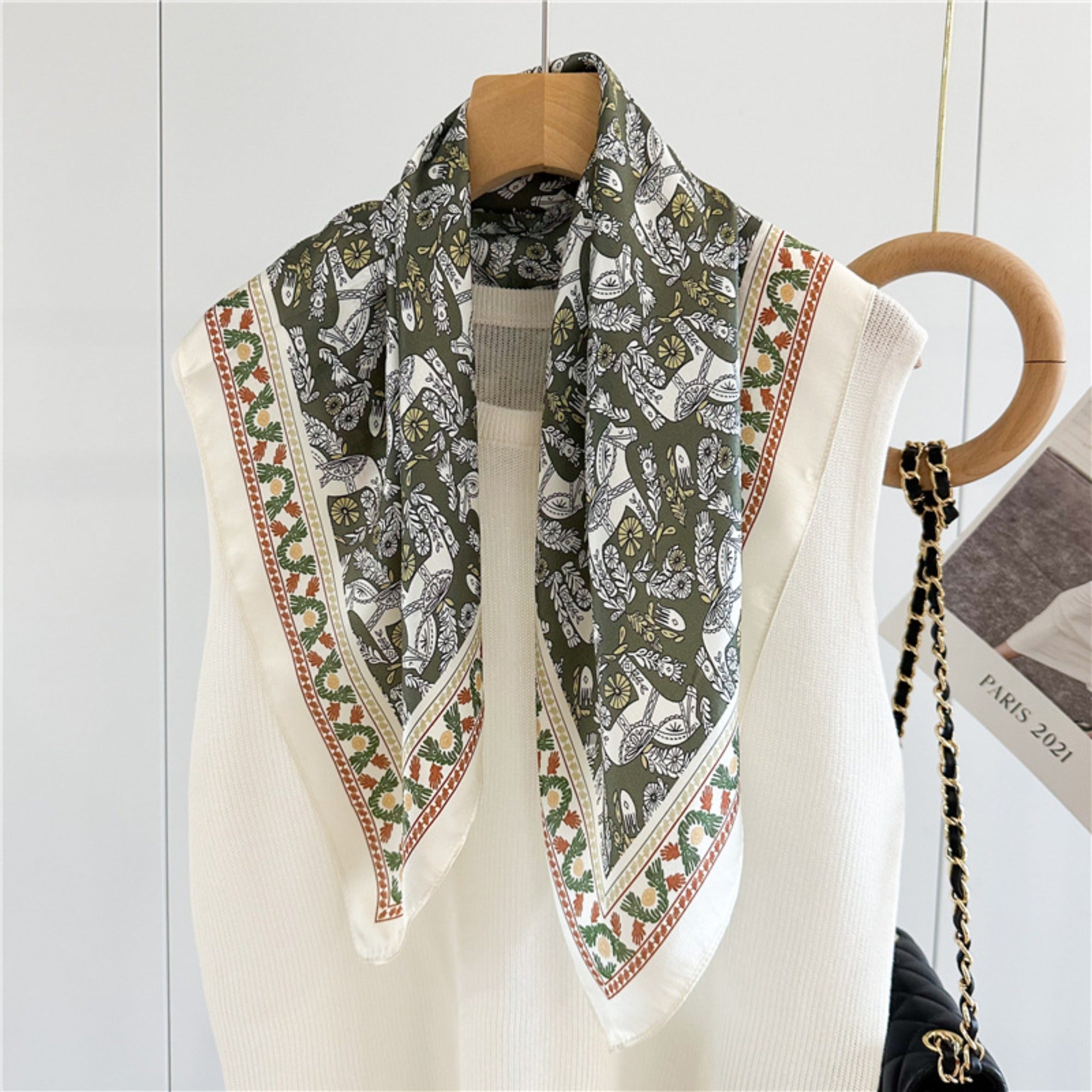 Green Equestrian Horse Print Silk Scarf | 100% Mulberry Silk 26