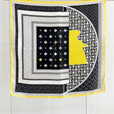 26'' Puzzle Yellow Border Mulberry Silk Scarf – Modern Geometric Square Silk Shawl for Women, Elegant and Unique Accessory
