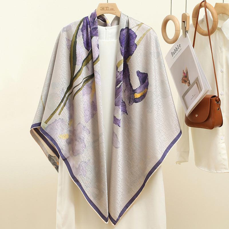 アイリス柄両面ジャガードスカーフ/エレガント 140x140cm 正方形スカーフ/女性用特大ショール/彼女への多用途ギフト