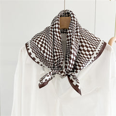 26'' Coffee Plaid Mulberry Silk Scarf – Sophisticated Women’s Square Shawl with a Classic, Elegant Check Pattern