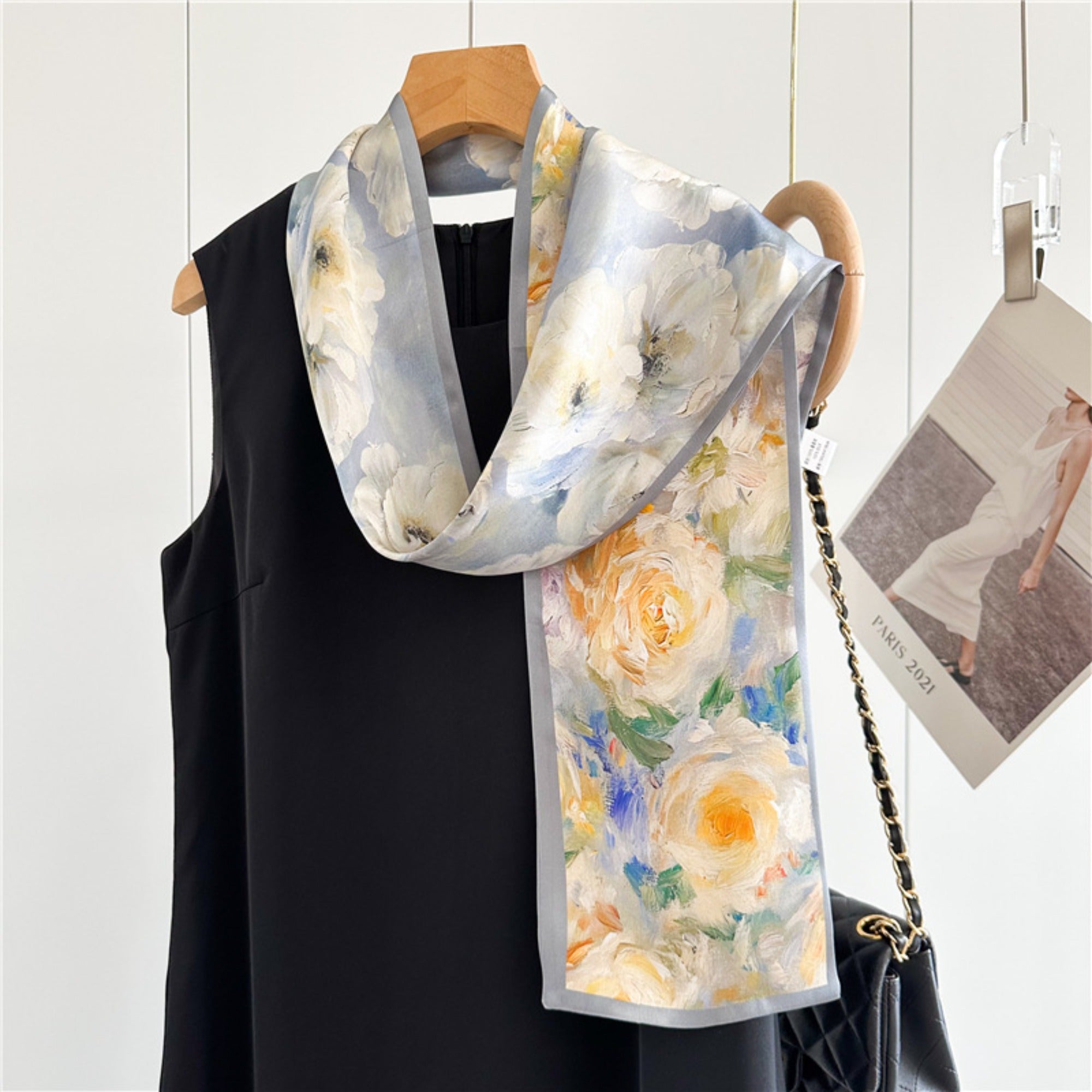 Luxury Oil Painting Rose Silk Scarf | Artistic Vintage Mulberry Silk Ribbon