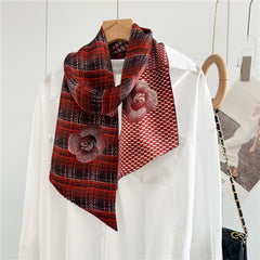 Checkered Camellia Mulberry Silk Scarf | Elegant Floral Grid Long Ribbon