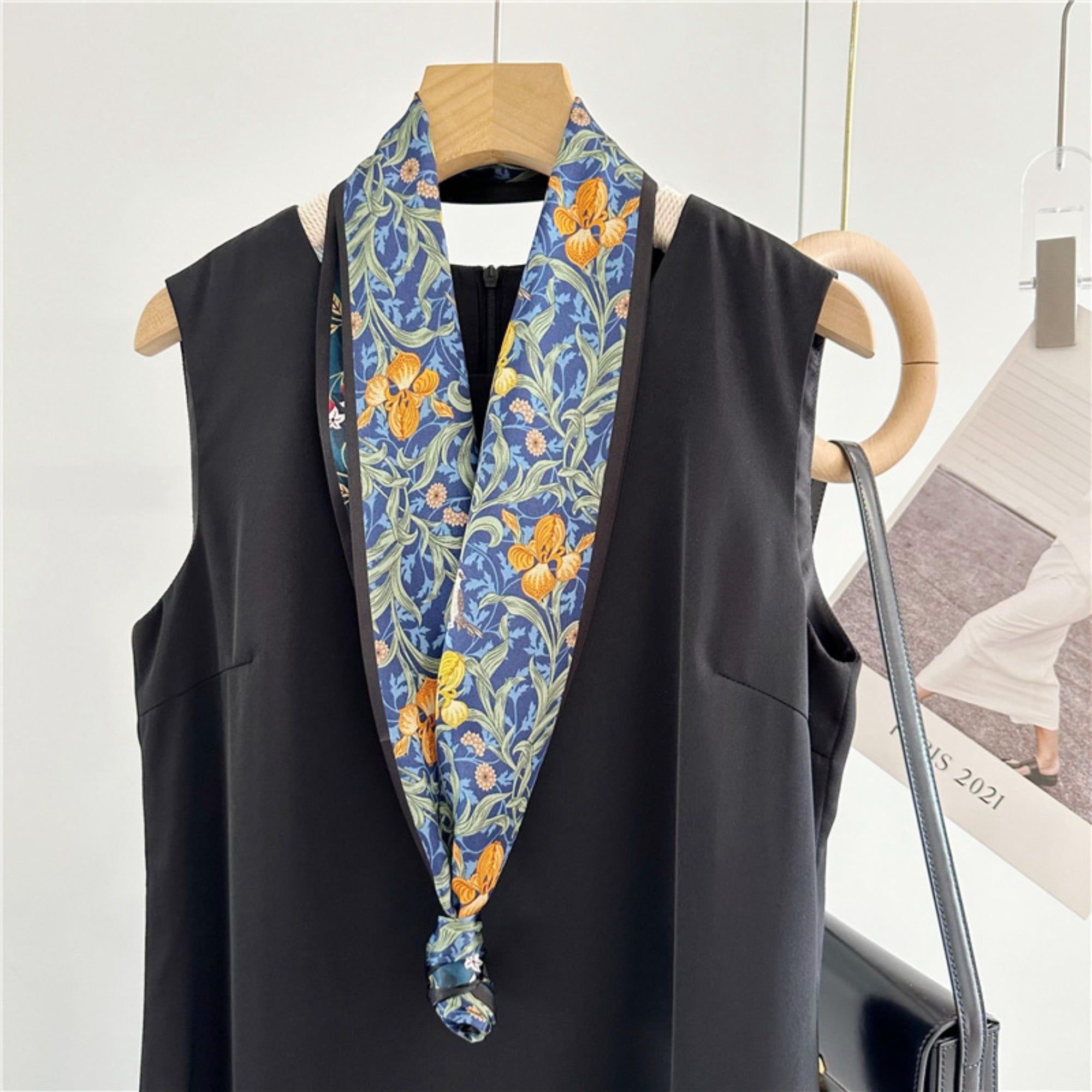 Blue Double-Sided Floral Mulberry Silk Scarf | Soft & Romantic Long Ribbon