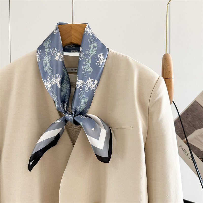 Denim Blue Carriage Print Mulberry Silk Scarf – 65cm Square Double Crepe Shawl