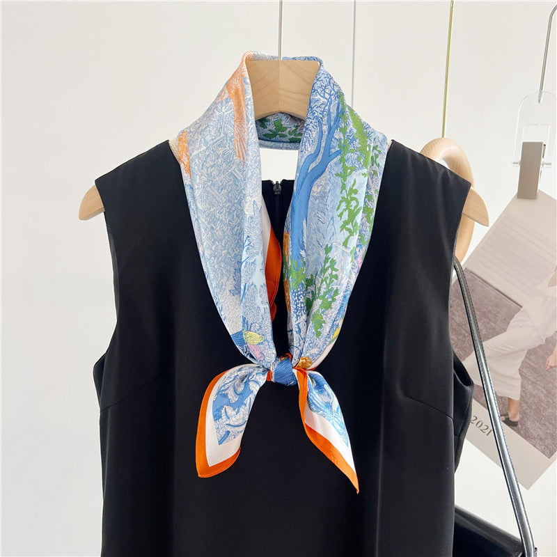 65cm Mulberry Silk Whimsical Garden Scarf Double Crepe Spring Summer Square Shawl