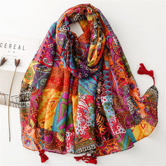 Vintage Wear Accessories Cotton and Linen Feel Bali Yarn Scarf Ethnic Style Red Bohemian Tassel Shawl