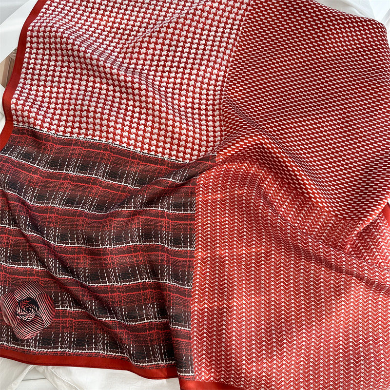 65cm Mulberry Silk Scarf – Plaid, Houndstooth & Rose Print Double Crepe Square Shawl for Spring & Summer