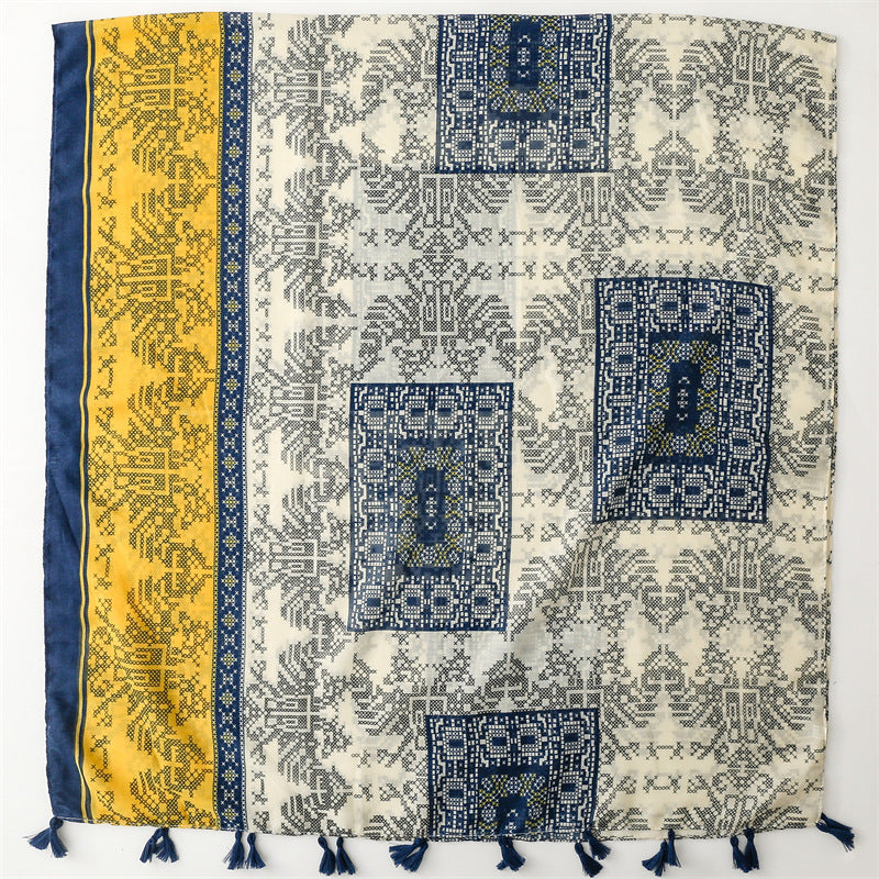 Chinese style wear accessories cotton and linen feel Bali yarn scarf exotic ethnic style cross stitch pattern fringed scarf