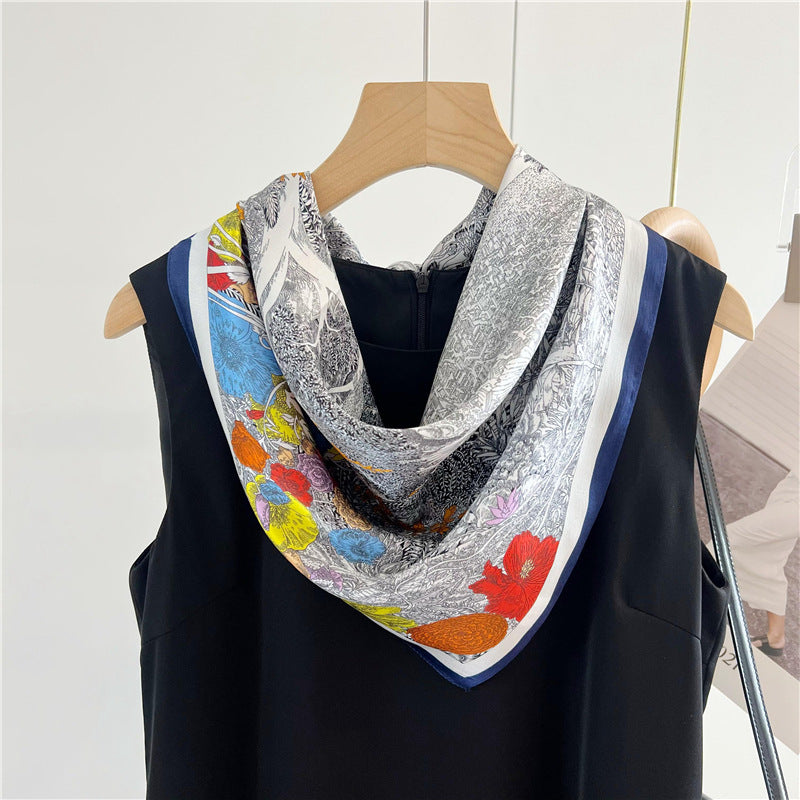 65cm Mulberry Silk Whimsical Garden Scarf Double Crepe Spring Summer Square Shawl