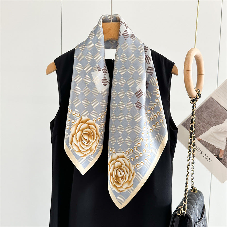 65cm Mulberry Silk Scarf – Digital 5 Grid Pattern Square Silk Shawl for Women, Elegant & Versatile Accessory