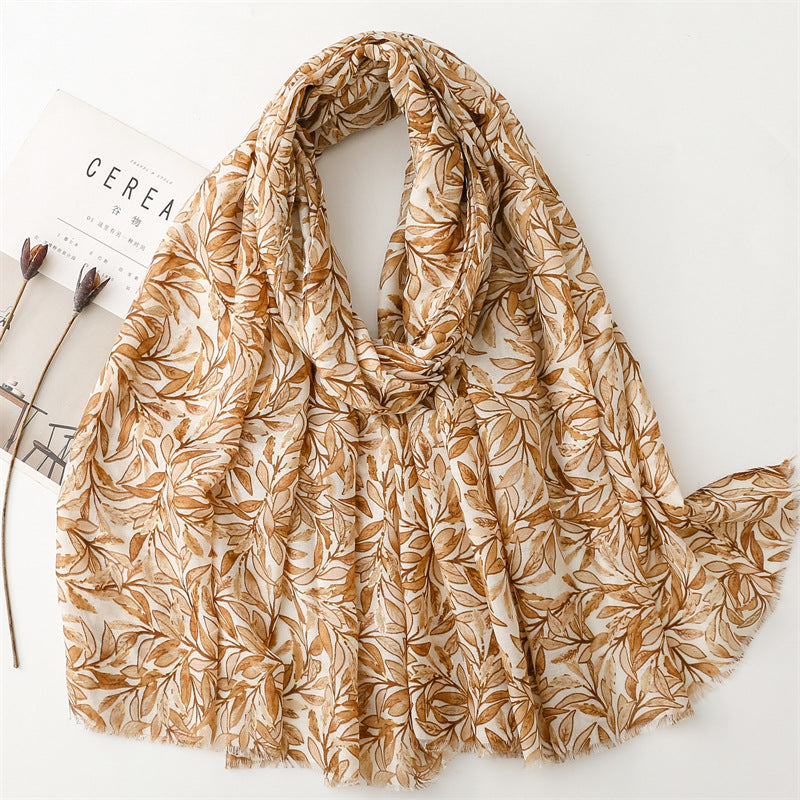 Autumn and winter cotton and linen feel scarf bronzing bamboo leaf green leaf rough edge scarf warm shawl women