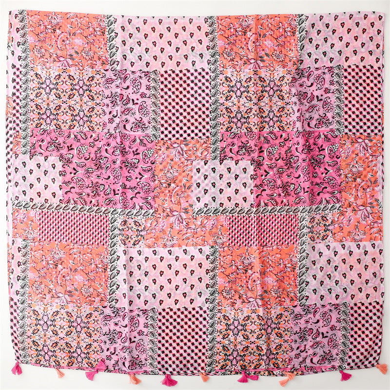 Vintage Wear Accessories Cotton and Linen Feel Bali Yarn Scarf Ethnic Style Pink Cashew Nut Flower Fringed Scarf Shawl Women