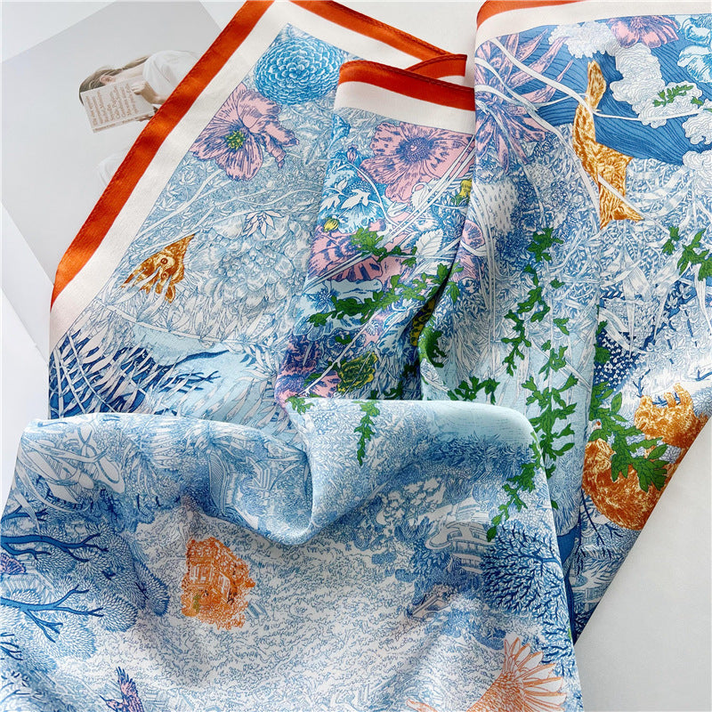 65cm Mulberry Silk Whimsical Garden Scarf Double Crepe Spring Summer Square Shawl