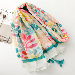 Pink flower scarf women's spring outing long shawl seaside beach towel thin cotton and linen feel scarf yarn