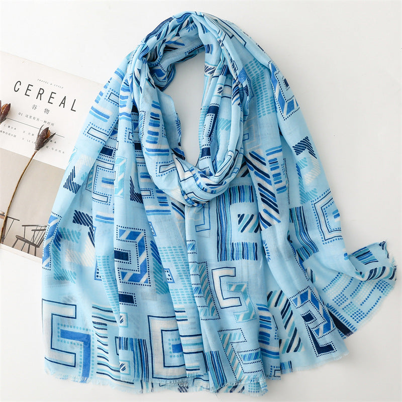 Spring and summer thin cotton and linen feel scarf colored magnet geometric scarf shawl women