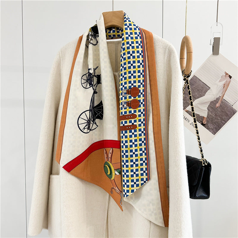 Horse Carriage Print Twilly – Reversible Silk Wool Scarf for Winter