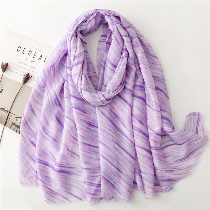 Spring and summer thin cotton and linen feel scarf colored striped geometric scarf warm shawl women